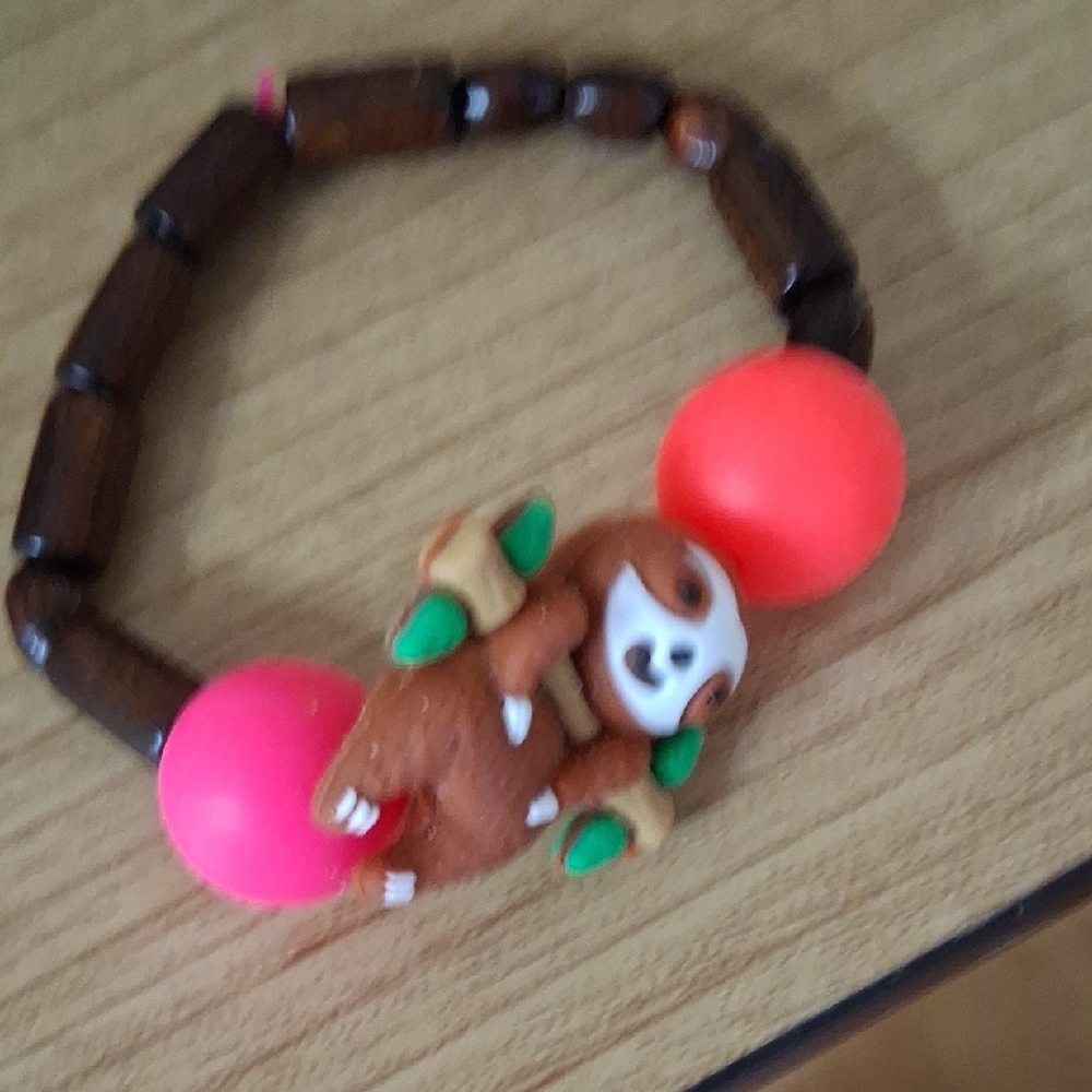 Kids Sloth Bracelet with Pink and Brown Beads